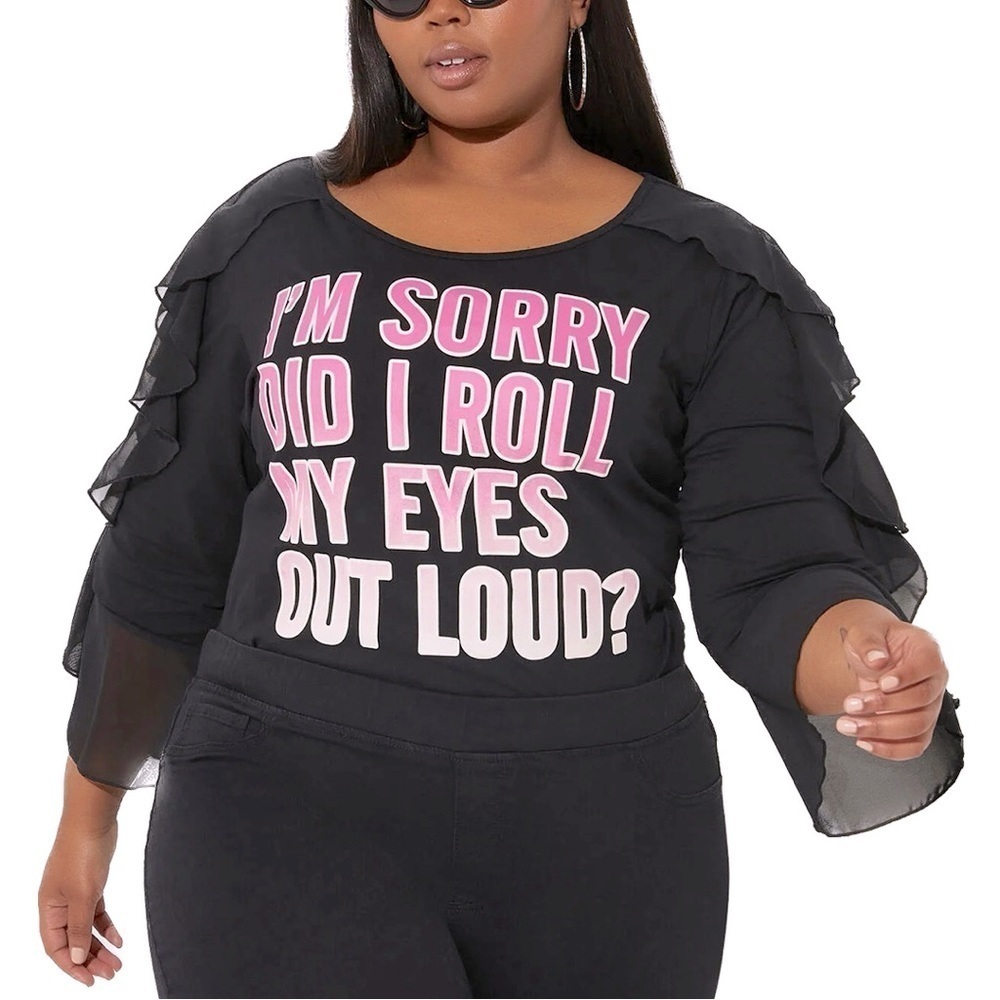 Eye Roll Graphic Tee 3X-5X with Ruffled Cutout Chiffon Sleeves (5A07.13)